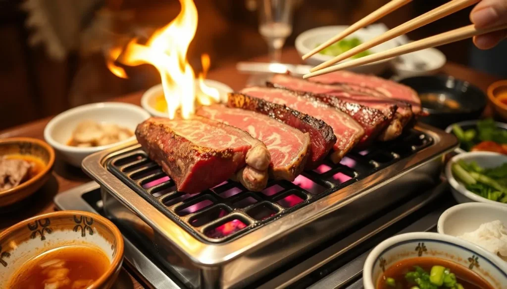 Ishigaki beef yakiniku grilling at a local restaurant with side dishes Ishigaki beef yakiniku grilling at a local restaurant with side dishes