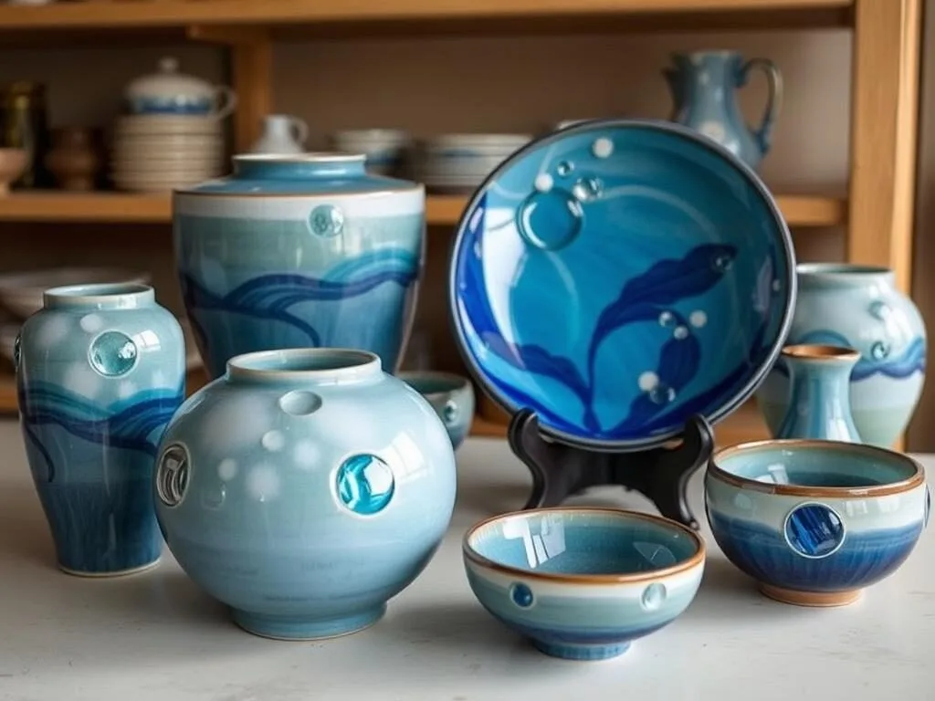 Ishigaki-yaki pottery with distinctive blue glass fusion technique Ishigaki-yaki pottery with distinctive blue glass fusion technique