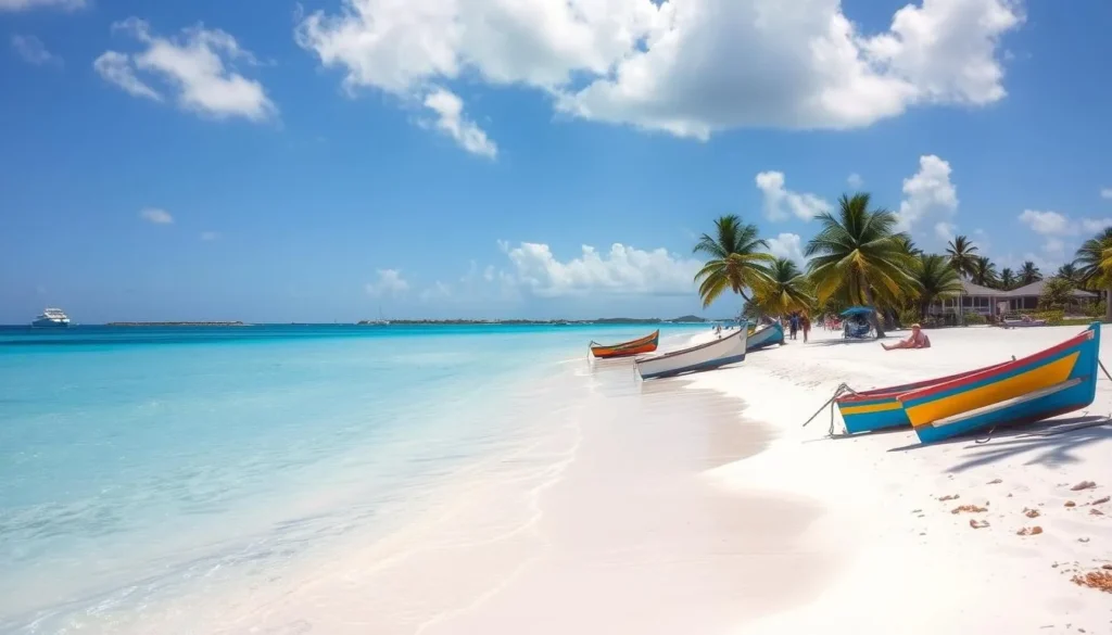 Island Harbour Beach with white sand and turquoise waters on a sunny day