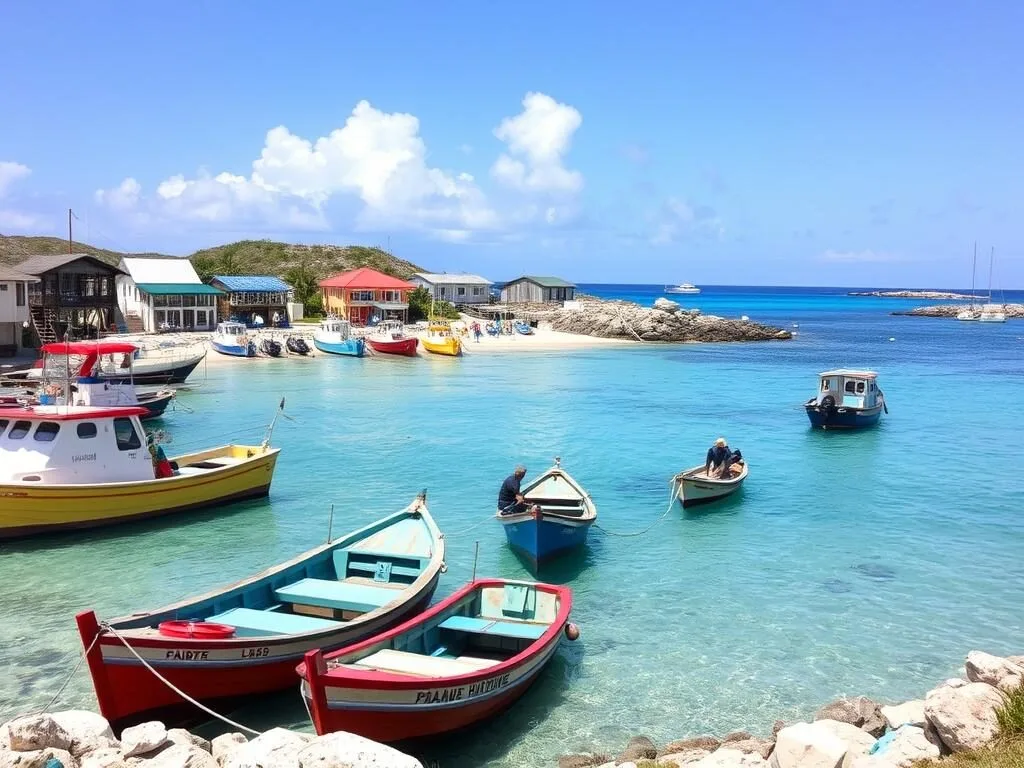 Island Harbour fishing village in Anguilla with colorful fishing boats