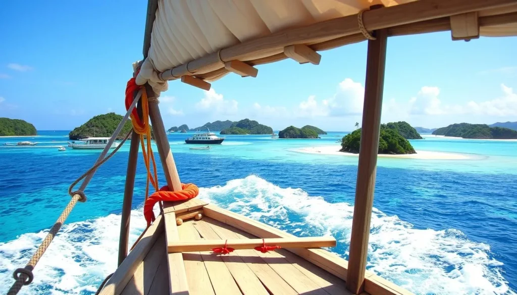Island hopping tour in Linapacan showing multiple small islands with white beaches and turquoise waters
