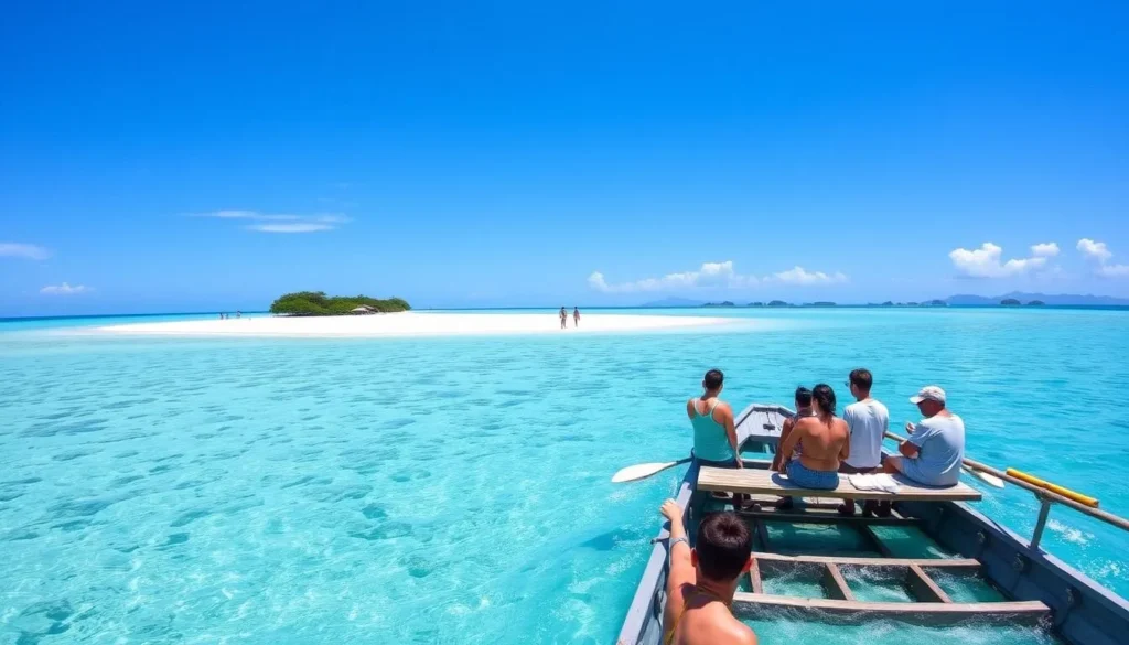 Island hopping tour with small boat near white sandbar in Samal Island Philippines Island hopping tour with small boat near white sandbar in Samal Island Philippines