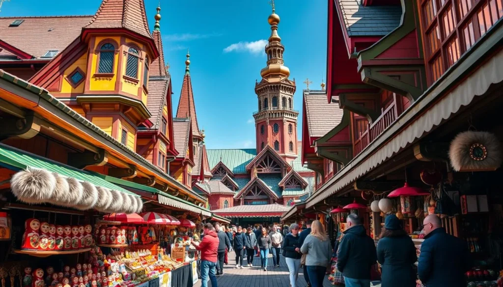 Izmailovsky Market with colorful Russian architecture and souvenir stalls Izmailovsky Market with colorful Russian architecture and souvenir stalls