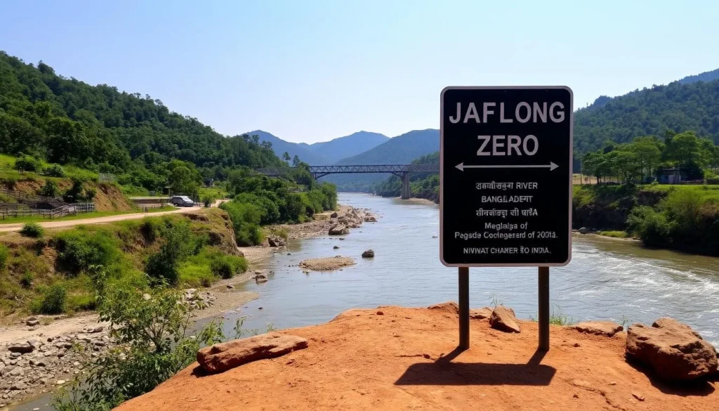 Jaflong Zero Point showing the border between Bangladesh and India with Meghalaya hills Jaflong Zero Point showing the border between Bangladesh and India with Meghalaya hills