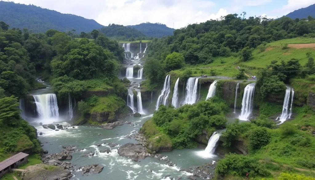Jaflong during monsoon season with waterfalls flowing from the Meghalaya hills Jaflong during monsoon season with waterfalls flowing from the Meghalaya hills