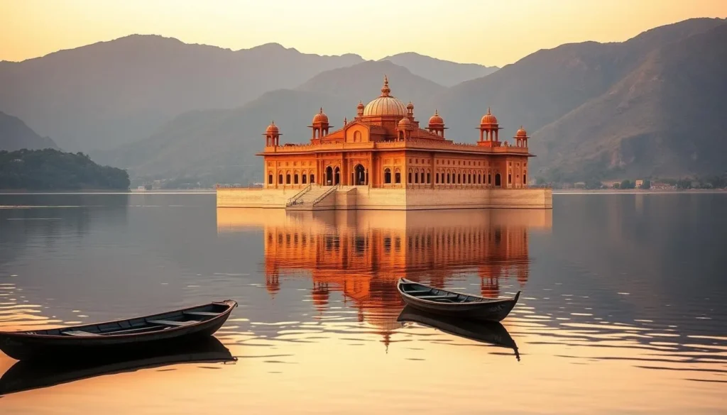 Jal Mahal palace in the middle of Man Sagar Lake with mountains in background at golden hour