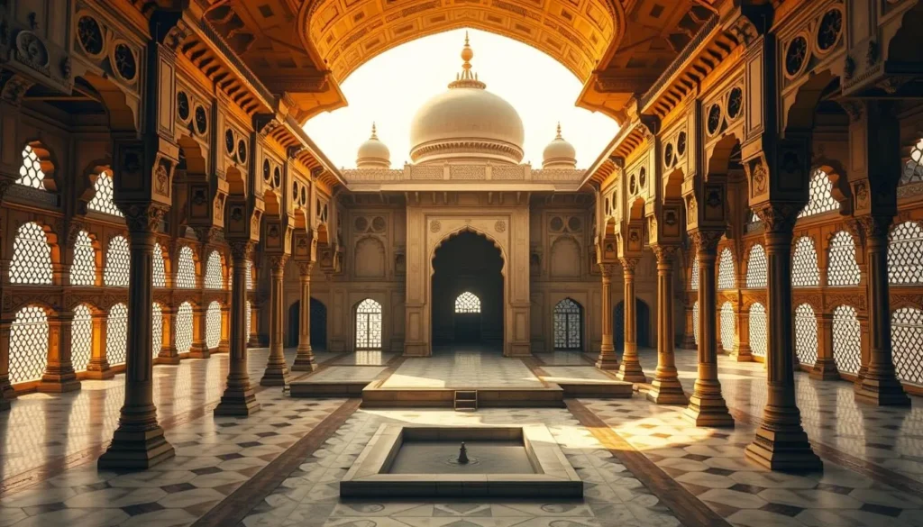 Jama Masjid in Ahmedabad showing the grand prayer hall with numerous pillars and intricate stone carvings Jama Masjid in Ahmedabad showing the grand prayer hall with numerous pillars and intricate stone carvings