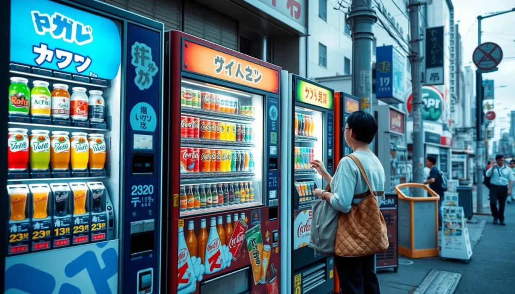 Japanese vending machines on a Yokohama street with a variety of drink options and a person making a selection