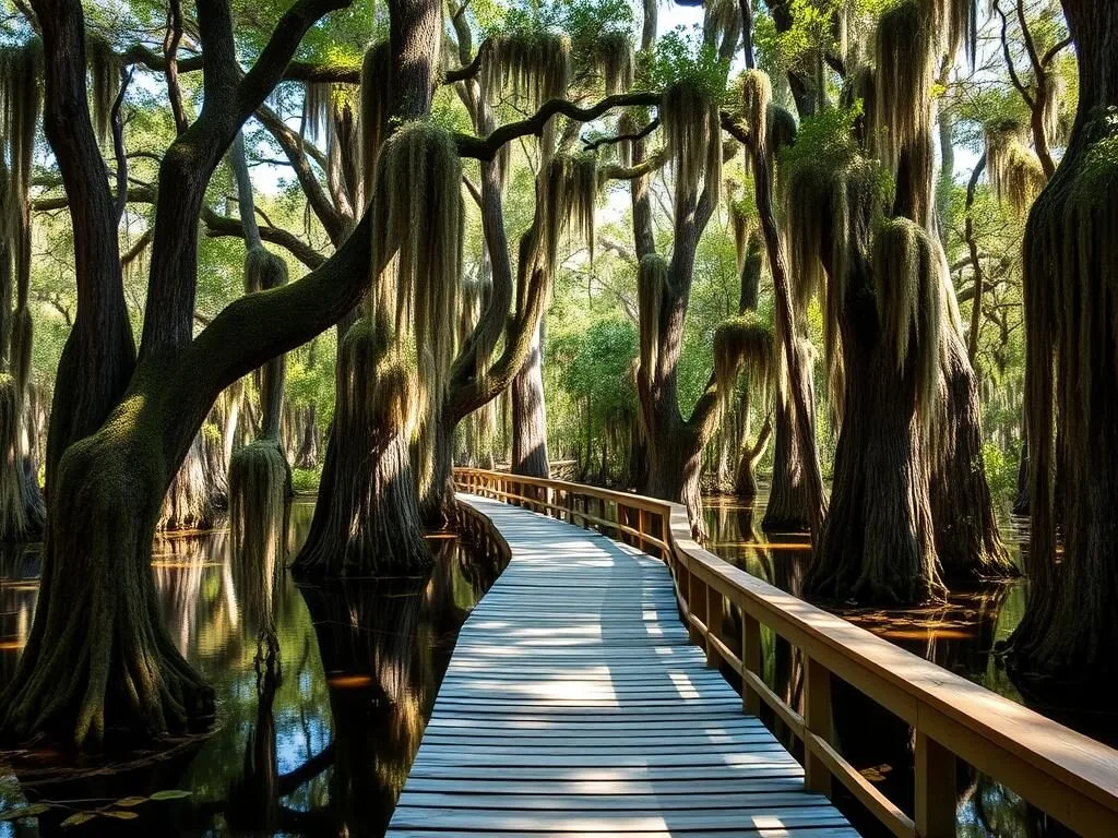 Jean Lafitte National Historical Park and Preserve showing a boardwalk through cypress swamp