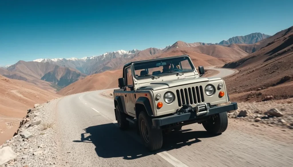 Jeep driving on a mountain road in Chitral with scenic valley views, Pakistan
