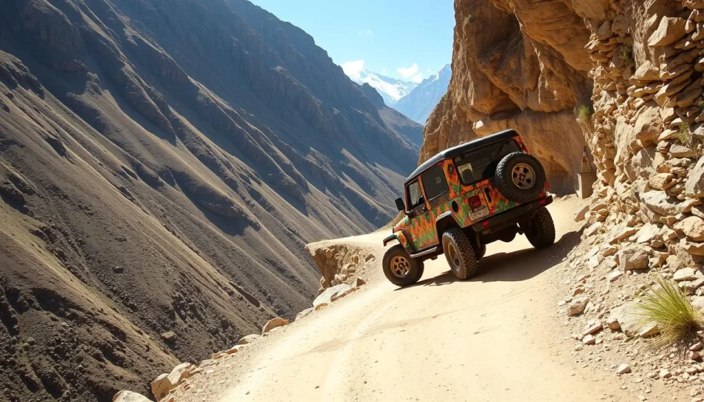 Jeep traveling on the narrow mountain road to Fairy Meadows, Pakistan Jeep traveling on the narrow mountain road to Fairy Meadows, Pakistan