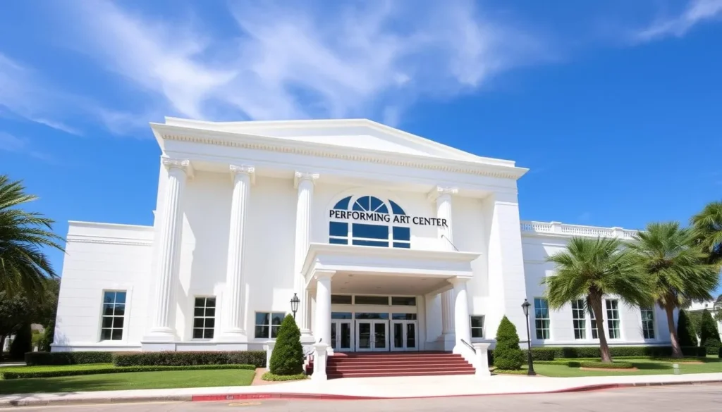 Jefferson Performing Arts Center in Metairie showing the elegant exterior architecture on a clear day