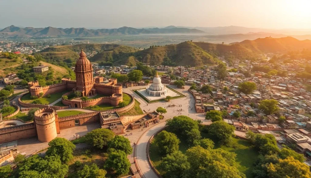 Jhansi, a historical city nestled in the heart of Uttar Pradesh, stands tall with its majestic fort, ancient temples, and bustling markets. Capture the essence of this vibrant destination with a wide-angle shot showcasing the city's iconic landmarks. In the foreground, the towering Jhansi Fort dominates the skyline, its red sandstone walls and intricate architecture commanding attention. In the middle ground, the Rani Jhansi Memorial shines, a tribute to the legendary queen who led the charge against the British. Surrounding the city, rolling hills and lush greenery create a serene backdrop, bathed in warm, golden sunlight. The scene exudes a sense of timeless grandeur, inviting the viewer to explore the rich history and cultural heritage of Jhansi.