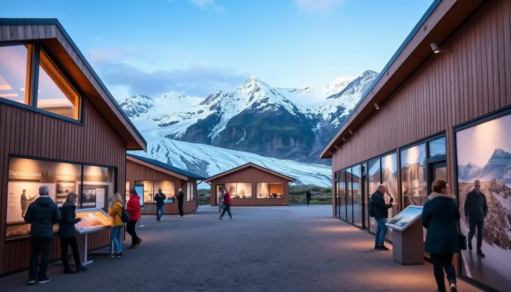 Jostedalsbreen National Park visitor centers with interactive exhibits and glaciers in the background