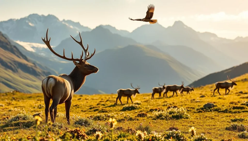 Jotunheimen national park, Norway. A serene alpine landscape, sun-dappled meadows dotted with wildflowers. In the foreground, a majestic elk stands alert, its regal antlers silhouetted against the distant snow-capped peaks. Behind it, a herd of grazing reindeer wander through the lush vegetation, their soft fur glistening. A golden eagle soars overhead, its keen eyes scanning the terrain for prey. The scene is bathed in warm, golden light, creating a sense of tranquility and harmony within this untamed wilderness.