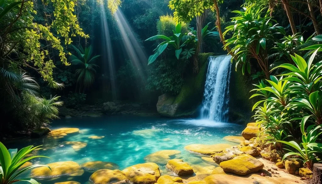 Jungle waterfall with clear pool surrounded by lush vegetation in Busuanga's interior
