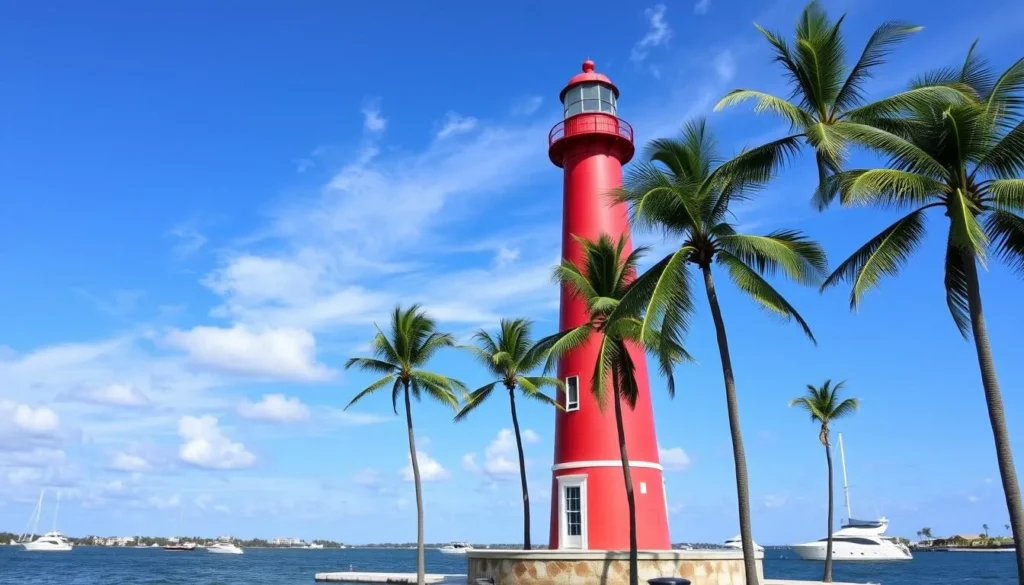 Jupiter Inlet Lighthouse with blue sky and palm trees Jupiter Inlet Lighthouse with blue sky and palm trees