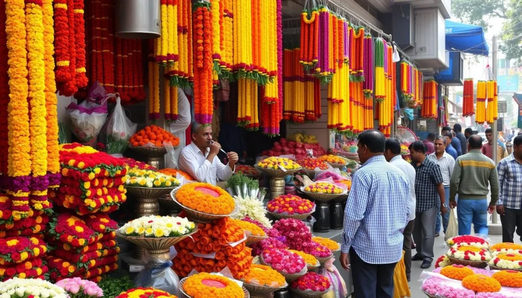 KR Market flower sellers with colorful flower garlands and arrangements KR Market flower sellers with colorful flower garlands and arrangements