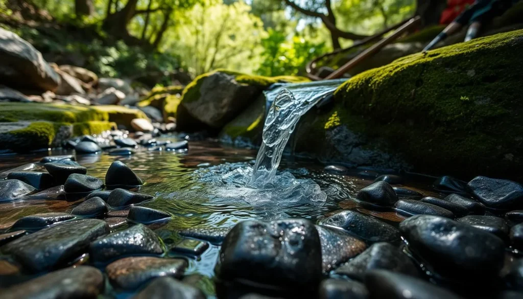 Kala Chashma (Black Spring) in Kumrat Valley, Pakistan showing clear water emerging from black stones