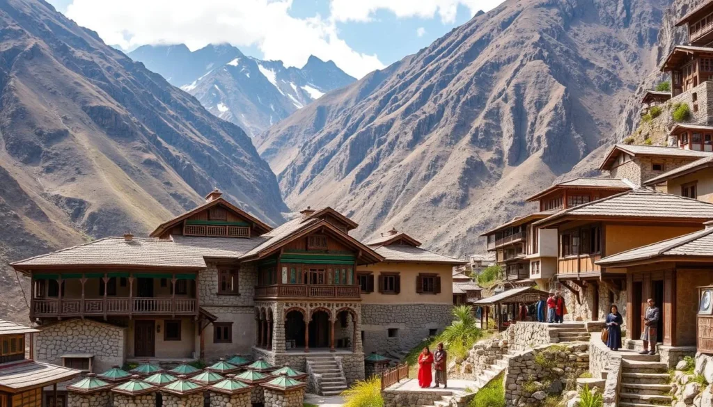 Kalash Valley with colorful traditional houses and people in traditional dress