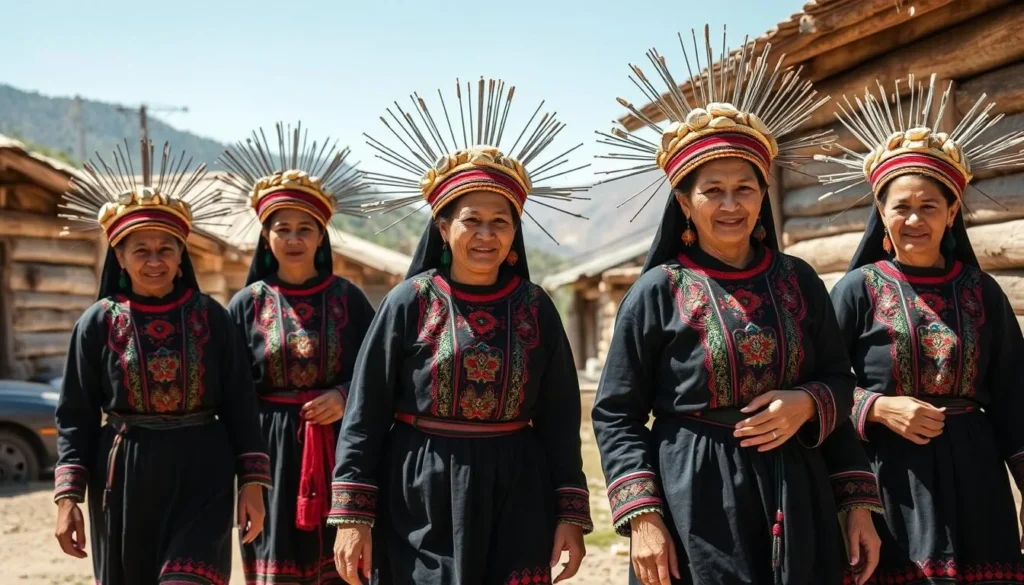 Kalasha women in traditional colorful embroidered black dresses and headdresses walking through a village in the Kalasha Valleys, Pakistan