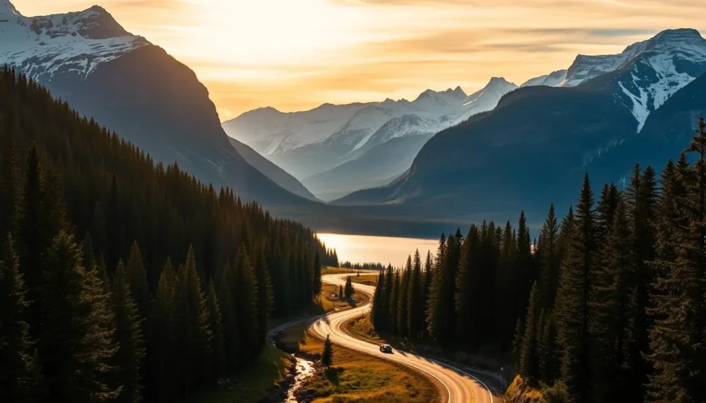 Kananaskis Country Scenic Drive: A majestic mountain landscape unfolds, with towering snow-capped peaks framing a winding road that cuts through lush, verdant forests. The warm sunlight filters through the canopy, casting a soft, golden glow over the scene. In the distance, a tranquil lake reflects the surrounding peaks, its surface rippling gently. A serene atmosphere pervades, inviting the viewer to slow down and savor the natural beauty of this picturesque region.