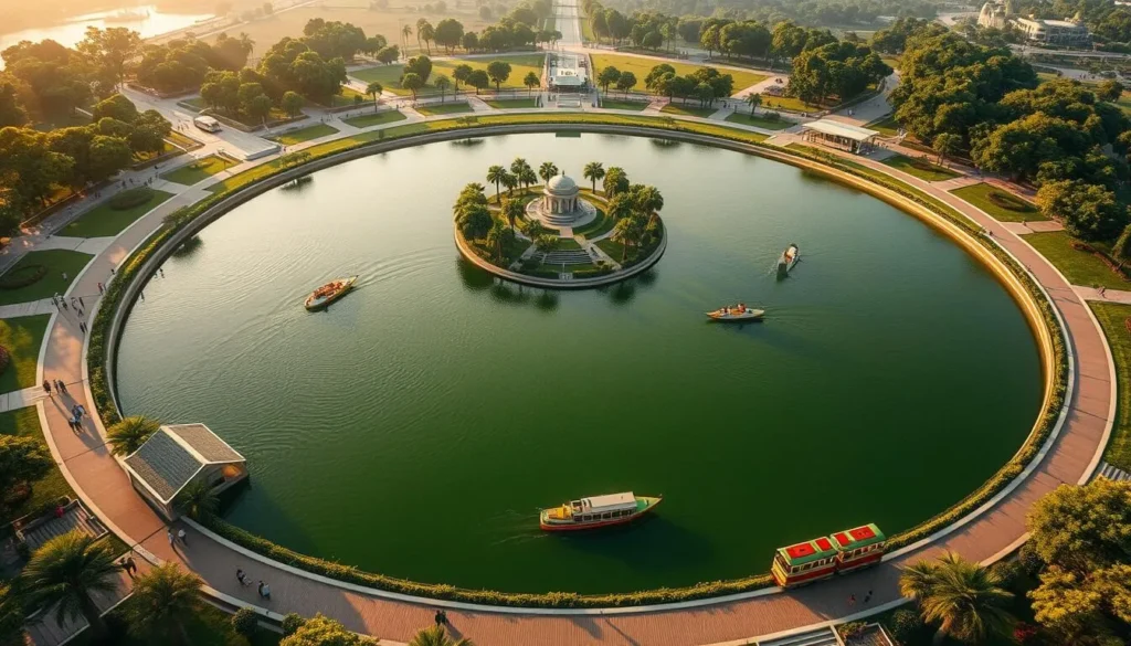 Kankaria Lake in Ahmedabad showing the circular lake, surrounding gardens, and recreational facilities Kankaria Lake in Ahmedabad showing the circular lake, surrounding gardens, and recreational facilities