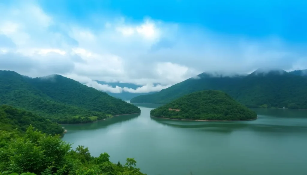 Kaptai Lake during monsoon season with lush green surroundings and misty hills