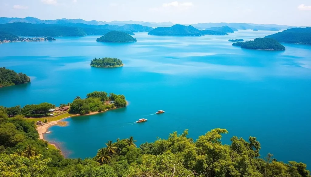 Kaptai Lake in Rangamati with traditional boats and surrounding hills