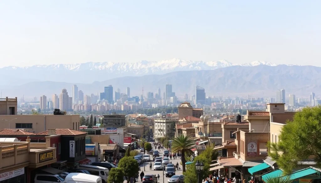 Karaj cityscape with Alborz Mountains, a sun-drenched vista of the bustling Iranian city. In the foreground, lively streets teeming with local life, vibrant shops, and charming cafes. The middle ground showcases the city's modern skyline, a blend of high-rises and historic architecture. In the distance, the majestic Alborz mountain range rises, its snow-capped peaks casting a serene backdrop. Capture the essence of Karaj - a thriving urban center nestled within the breathtaking natural beauty of Iran.