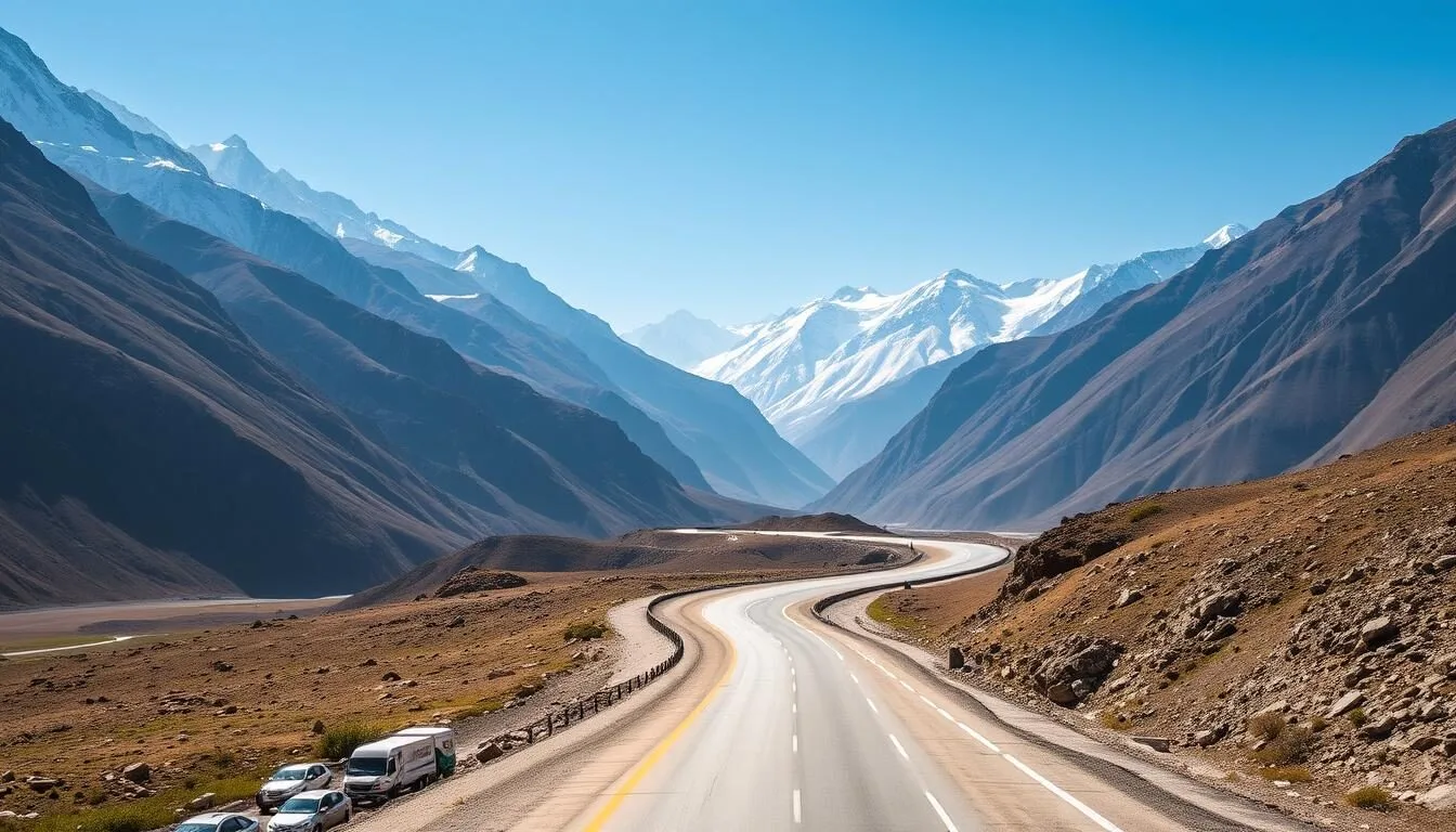 Karakoram Highway winding through mountains on the way to Hunza Valley, Pakistan
