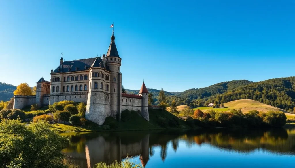 Karlstejn Castle, a majestic medieval fortification nestled amidst the rolling hills of the Czech countryside, stands proudly against a clear azure sky. Capture its towering turrets, ornate Gothic architecture, and the intricate stone masonry that has weathered the ages. Showcase the castle's imposing presence, reflected in the calm waters of the nearby lake, as sunlight casts a warm, golden glow across the scene. Depict the serene surrounding landscape, with lush, verdant forests and gently sloping meadows, creating a harmonious balance between the natural and the man-made. Utilize a wide-angle lens to showcase the castle's grandeur and the breathtaking panoramic vistas that surround it, evoking a sense of awe and wonder.