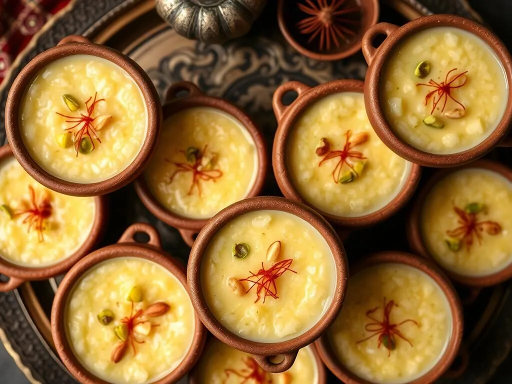 Kashmiri Phirni dessert served in traditional earthen pots topped with pistachios and saffron