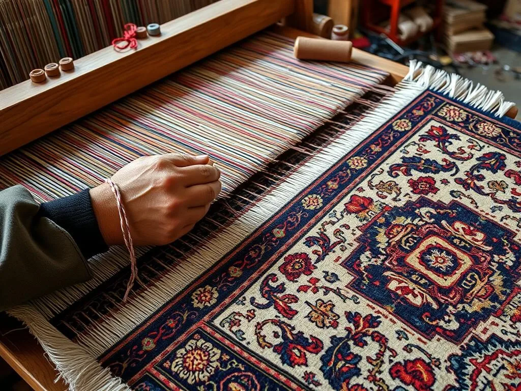 Kashmiri artisan hand-knotting an intricate silk carpet on a traditional loom