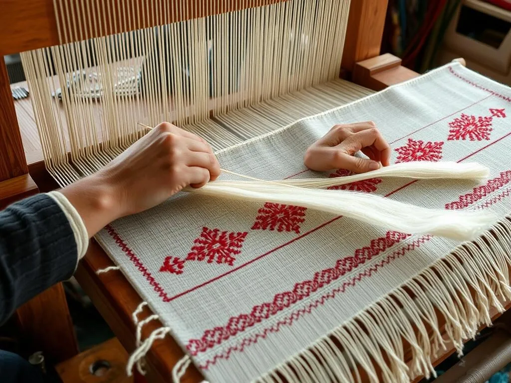Kashmiri artisan hand-weaving a traditional Pashmina shawl with intricate designs Kashmiri artisan hand-weaving a traditional Pashmina shawl with intricate designs