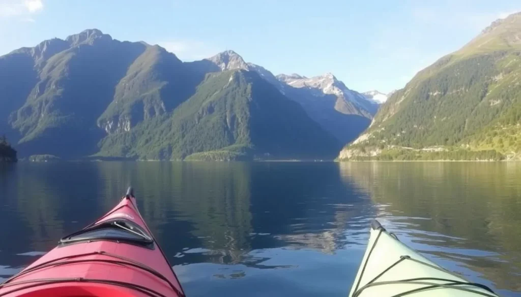 Kayak rental in Tysfjorden, Norway, with scenic fjords and mountains in the background.