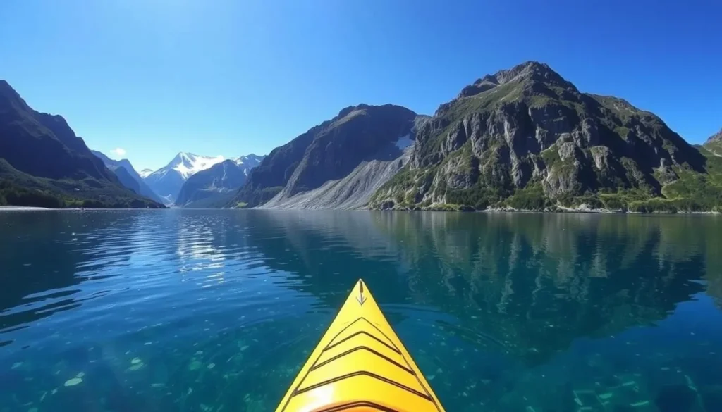 Kayaker paddling through calm waters of Molde fjord