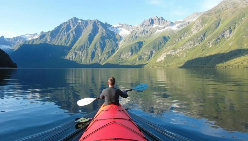 Kayaker paddling through the calm waters of Inner Fjord, Kjolen National Park, with mountains in the background