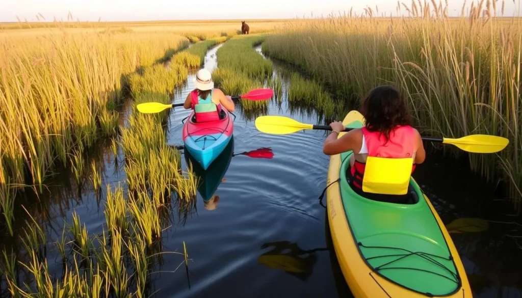 Kayakers exploring salt marshes on Assateague Island Maryland