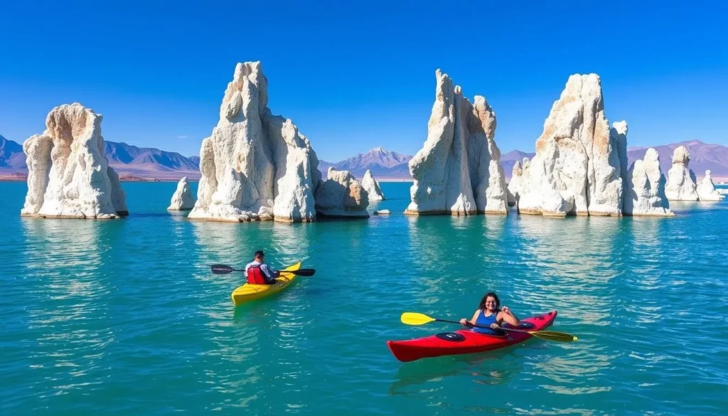 Kayakers paddling among tufa towers on Mono Lake Kayakers paddling among tufa towers on Mono Lake