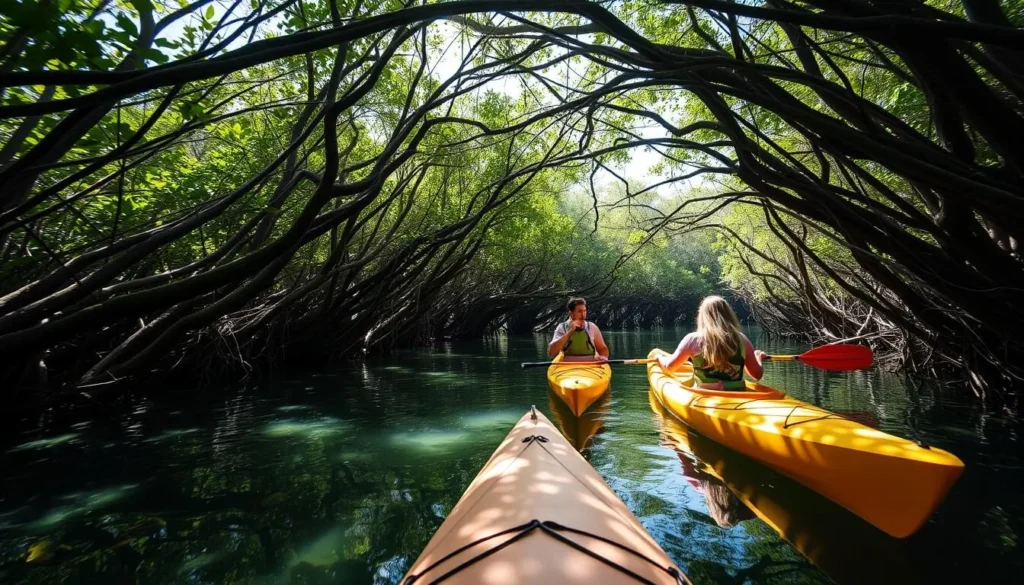 Kayakers paddling through a mangrove tunnel in Pine Island Sound Aquatic Preserve Kayakers paddling through a mangrove tunnel in Pine Island Sound Aquatic Preserve