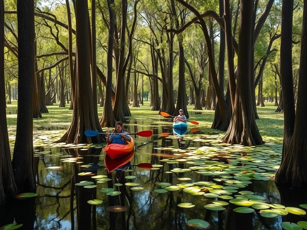 Kayakers paddling through cypress trees and lily pads on Reelfoot Lake