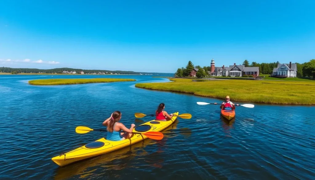 Kayaking along the Kennebunk River with coastal scenery