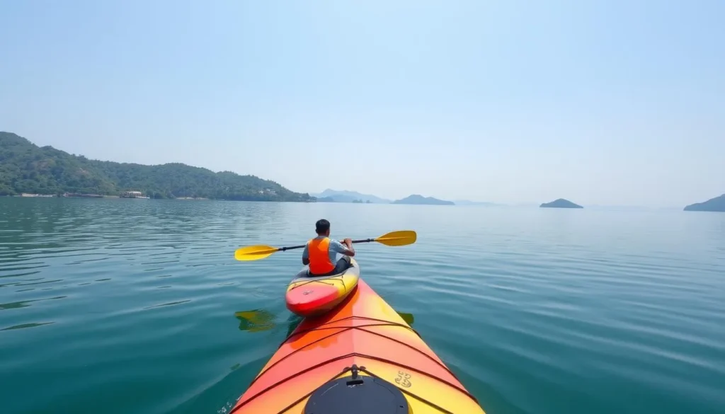 Kayaking on Kaptai Lake with hills in background