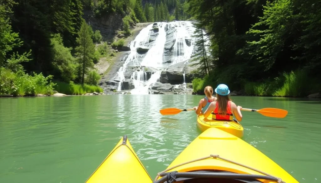 Kayaking on the Snake River with Thousand Springs in the background