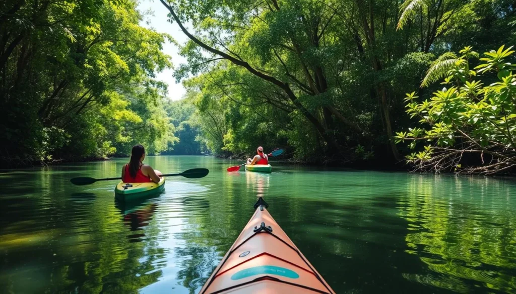 Kayaking through mangrove forests on Iriomote Island, Yaeyama Islands Kayaking through mangrove forests on Iriomote Island, Yaeyama Islands