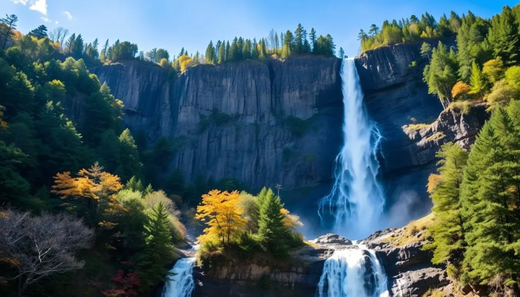 Kegon Falls in Nikko National Park with water cascading 97 meters down a rocky cliff