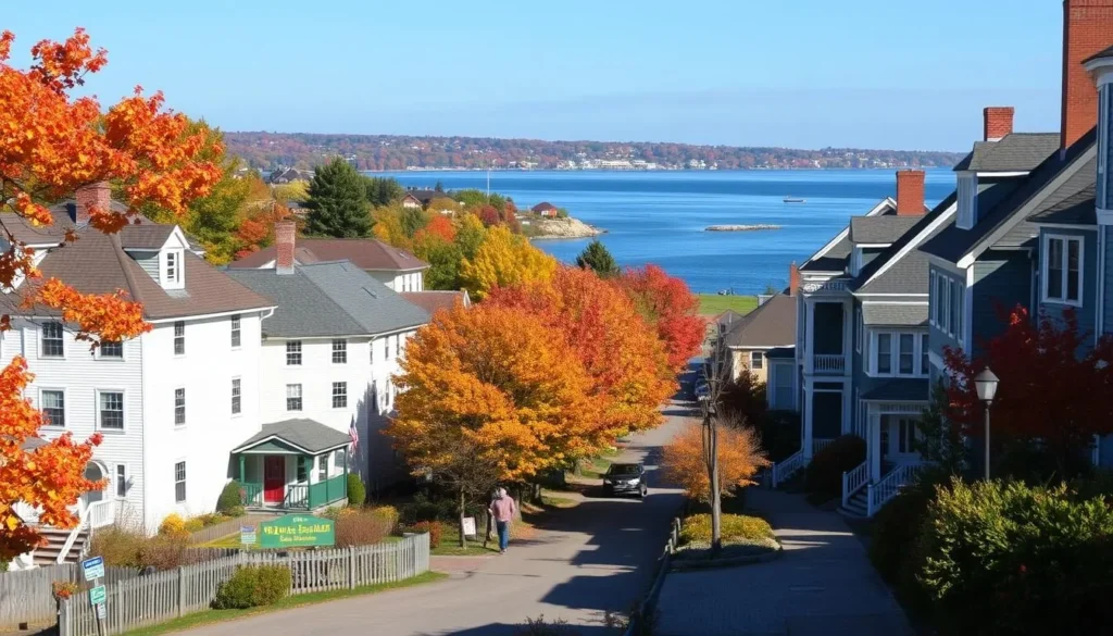 Kennebunk Maine in autumn with colorful fall foliage along the coast