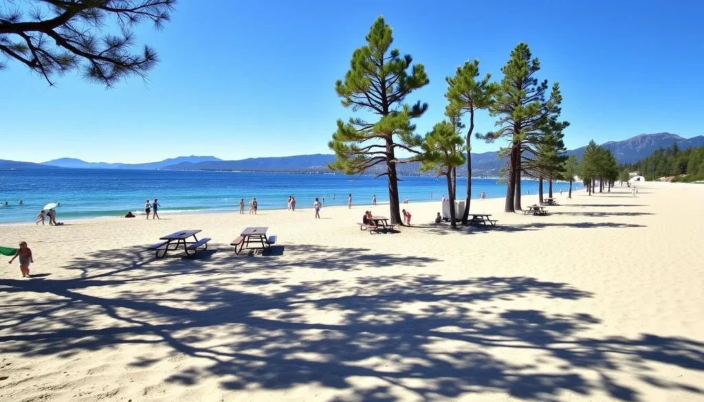 Kings Beach State Recreation Area with sandy shoreline, picnic areas, and crystal clear Lake Tahoe waters Kings Beach State Recreation Area with sandy shoreline, picnic areas, and crystal clear Lake Tahoe waters