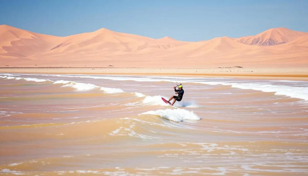 Kitesurfer riding the waves in Paracas, with the desert landscape in the background.